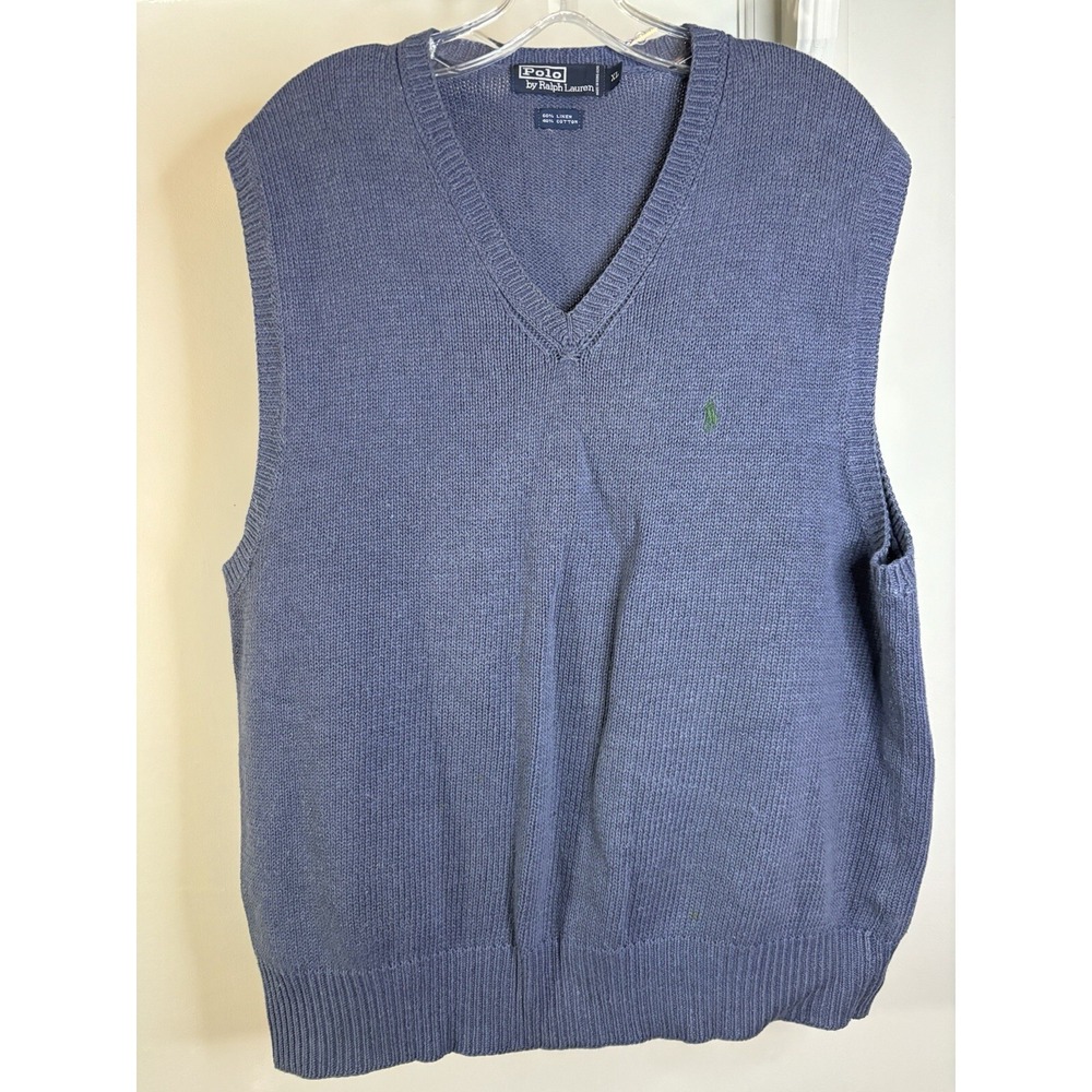 VTG POLO by RALPH LAUREN Blue V Neck Sweater Vest XL‎ Linen Cotton Preppy